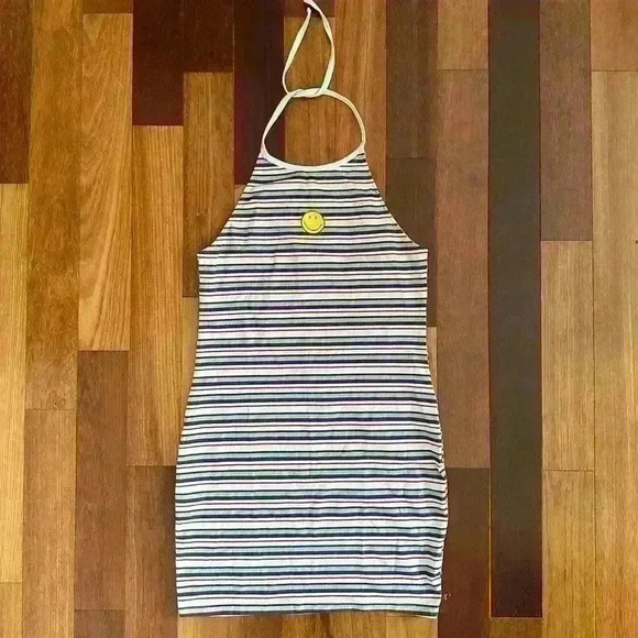 H&M x Smiley | striped happy face halter top mini dress red white blue size leg - Picture 1 of 4